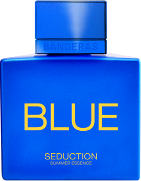 Niebieska prostokątna butelka perfum Banderas Blue Seduction z żółtym napisem BLUE. Świeży męski zapach.