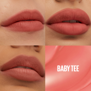 Maybelline Super Stay Tint Baby Tee: kolaż z matowymi ustami w odcieniu nude oraz nazwą Baby Tee.
