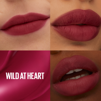 Maybelline Super Stay Teddy Tint Wild At Heart. Cztery panele: matowy, burgundowy tint na ustach i swatch koloru.