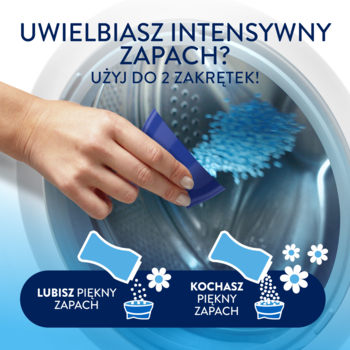 Ręka wsypuje niebieskie perełki zapachowe Lenor do pralki. Infografika pokazuje dozowanie: do 2 zakrętek dla intensywnego zapachu.