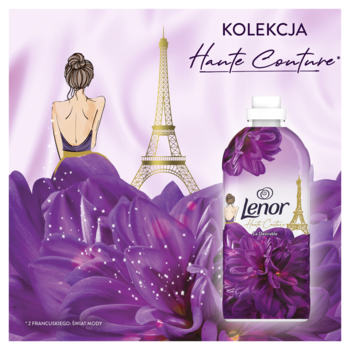 Fioletowy płyn do płukania Lenor Haute Couture La Desirable, butelka z wzorem kwiatu i Wieży Eiffla, na tle Paryża.