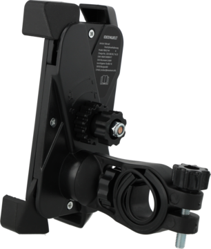 Czarny uchwyt rowerowy Redmount na telefon/tablet z regulowanym mocowaniem, widok z przodu pod kątem.