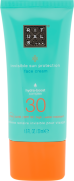 Turkusowy krem do twarzy Rituals Invisible Sun Protection SPF 30 z pomarańczową nakrętką, widok z przodu.