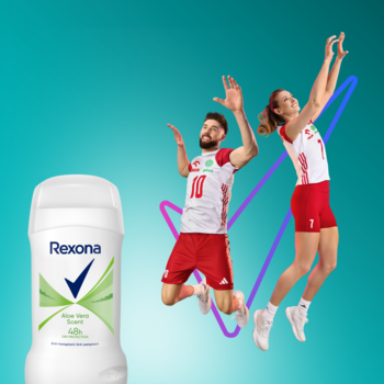 Antyperspirant w sztyfcie Rexona Aloe Vera Fresh, biały z zielonym logo, na turkusowym tle z siatkarzami.