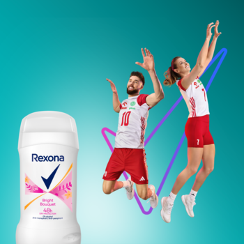 Antyperspirant Rexona Bright Bouquet w sztyfcie, biały z różową etykietą, 48h ochrony, obok skaczących siatkarzy.