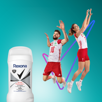 Antyperspirant Rexona Active Protection+ Invisible 48h, biały sztyft, na tle skaczących siatkarzy.