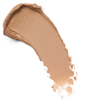 Rozmazany swatch podkładu Catrice Soft Glam Filter, średni beż z neutralnym podtonem, na białym tle.