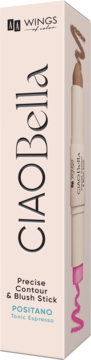 AA Wings of Color Ciao Bella Precise Contour & Blush Stick, Positano Tonic Espresso. Pale box, dual stick illustration with brown and pink.