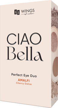 Białe pudełko AA Wings of Color Ciao Bella Perfect Eye Duo Amalfi Cherry Dolce, z widocznymi cieniami w otwartym boku.