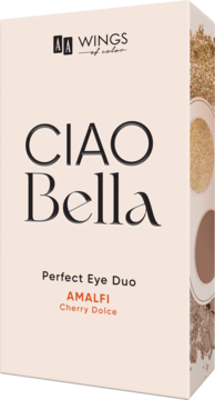 AA Wings of Color Ciao Bella Perfect Eye Duo, beżowe pudełko, widok pod kątem na złoty i brązowy cień.