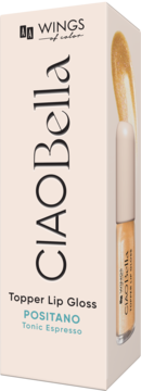 AA Wings of Color Ciao Bella Topper Lip Gloss w złotym odcieniu Positano, w kremowym pudełku, widok z przodu.