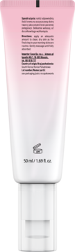 Tył różowo-białej tubki kremu Kimoco Glass Skin SPF 50+ z niacynamidem, z widocznym tekstem o użyciu i 50ml objętości.