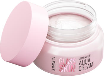 Kimoco Luminous Glass Skin Aqua Cream, nawilżający krem do twarzy w otwartym różowym słoiczku, z pokrywką obok.