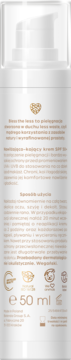 Biała butelka Miya Bless The Less, nawilżająco-kojący krem SPF 50+ do twarzy, tył opakowania z widocznym tekstem i 50 ml.