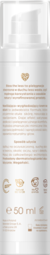 Tył białej butelki Miya Bless The Less kremu na dzień 50ml z polskim opisem nawilżająco-wygładzającym i ikonami.