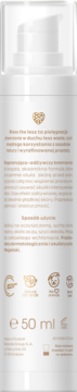 Tył białej butelki kremu na noc Miya Bless The Less 50 ml, z polskimi napisami, ikonami i złotym logo serca.