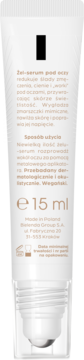 Tylna strona białej tubki żel-serum pod oczy Miya 15 ml z kofeiną, polskim opisem i widocznym aplikatorem.