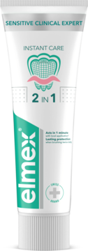 Pasta do zębów Elmex Sensitive Clinical Expert Instant Care 2w1 z fluorem, biała tubka, widok z przodu.