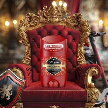 Czerwony dezodorant Old Spice Epic Legend w sztyfcie, 24h świeżości, na złotym tronie z tarczą.