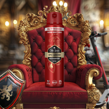Czerwony dezodorant Old Spice Epic Legend w sprayu na złotym tronie, 24/7 świeżości, bez aluminium.