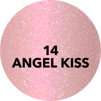 Okrągły, brokatowy błyszczyk Eveline Diamond Glow Angel Kiss, jasnoróżowy, z napisem 14 Angel Kiss.