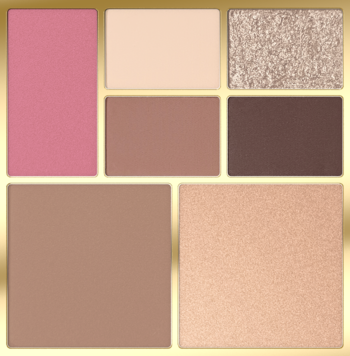 Eveline Wonder Match paleta: róż, bronzer, rozświetlacz, 4 cienie nude/brąz, widok z góry, złota ramka.