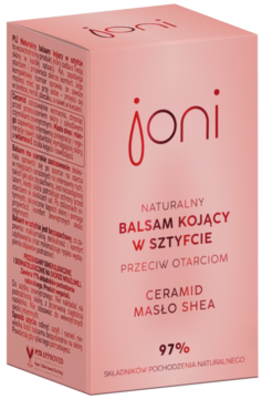 Różowe opakowanie balsamu Joni w sztyfcie przeciw otarciom, z ceramidami i masłem shea, pod kątem.