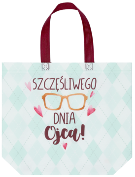 Torba na zakupy Eloy w biało-błękitne romby, z tekstem "Szczęśliwego Dnia Ojca" i grafiką okularów, uchwyty czerwone.