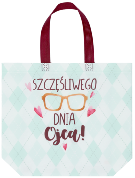 Torba na zakupy Eloy w biało-błękitne romby, z tekstem "Szczęśliwego Dnia Ojca" i grafiką okularów, uchwyty czerwone.