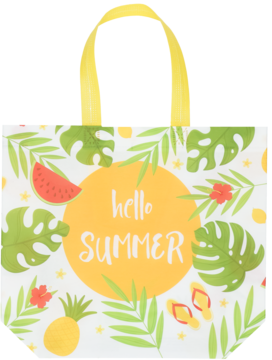 Biała torba na zakupy wielokrotnego użytku z żółtą rączką, widok z przodu, z tropikalnym wzorem i napisem ‘hello SUMMER’.