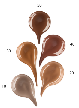 Baby Got Bronze, bronzer w płynie. Pięć próbek różnych odcieni, od jasnego beżu po ciemny brąz, ponumerowanych.