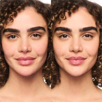 Essence Foundation Stick: twarz kobiety przed i po aplikacji średnio jasnego, matującego podkładu.