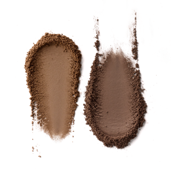 Essence Brow Powder Duo Light: dwie próbki pudrów do brwi, jasny i ciemny brąz, na białym tle.