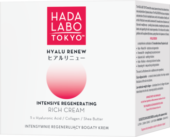 Białe pudełko Hada Labo Hyalu Renew Intensive Regenerating Rich Cream z 5x kwasem hialuronowym, widok przód.