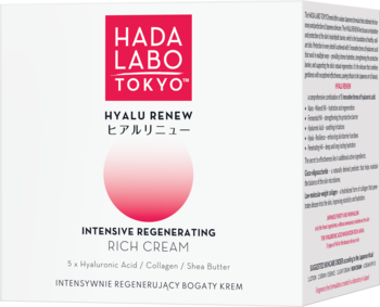 Białe pudełko Hada Labo Hyalu Renew Intensive Regenerating Rich Cream z 5x kwasem hialuronowym, widok przód.