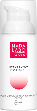 Hada Labo Tokyo Hyalu Renew multifunkcyjny krem SPF 50 w białej butelce z pompką, widok z przodu.