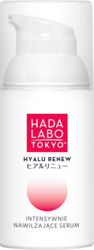 Biała butelka serum Hada Labo Tokyo Hyalu Renew z pompką, czerwone logo, różowe koło. Widok z przodu.
