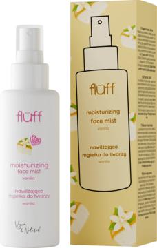 Fluff nawilżająca mgiełka waniliowa, biała butelka spray obok żółtego kartonika z deserem, widok obu produktów z przodu.