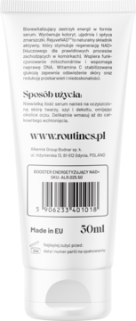 Tył białej tubki serum Routines by Alkmie Energy Shot 50ml z kodem kreskowym, opisem i instrukcją użycia.