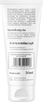Tył białej tubki serum Routines by Alkmie Energy Shot 50ml z kodem kreskowym, opisem i instrukcją użycia.
