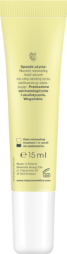 Tył jasnożółtej tubki Miya eyeSUNshine serum pod oczy 15ml z polskim tekstem i białym zamknięciem.