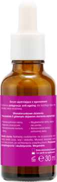 Tył brązowej butelki Miya BEAUTY.lab serum z egzosomami, z białą pipetą, magenta etykieta z tekstem.