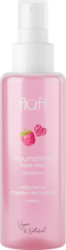 Różowa butelka Fluff nourishing face mist raspberry z białym atomizerem, widok z przodu, z grafiką malin.
