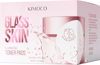 Różowe pudełko Kimoco Glass Skin Illuminating Toner Pads, z grafiką glow i płatkami, widok z przodu pod kątem.