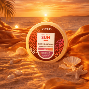Venus Golden Sun krem Sunglow przyspieszający opalanie 2w1, okrągły słoiczek na piasku z muszlami i zachodem słońca.