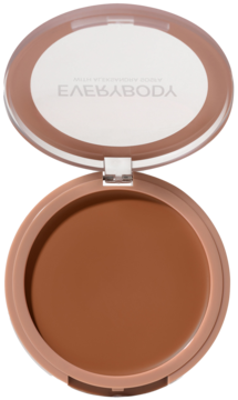 Otwarty kremowy bronzer Everybody London Medium. Okrągły beżowy kompakt z gładkim brązowym produktem.