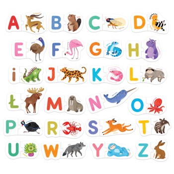 Układanka Czuczu Literki: kolorowe puzzle z literami alfabetu i ilustracjami zwierząt, widok z góry na rozłożone elementy.