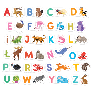 Układanka Czuczu Literki: kolorowe puzzle z literami alfabetu i ilustracjami zwierząt, widok z góry na rozłożone elementy.