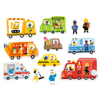 Zestaw puzzli Czuczu Auta: 8 pojazdów miejskich (straż, policja, taxi) i 4 figurki pracowników, na ciemnym tle.