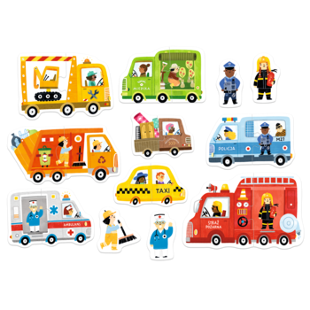 Zestaw puzzli Czuczu Auta: 8 pojazdów miejskich (straż, policja, taxi) i 4 figurki pracowników, na ciemnym tle.